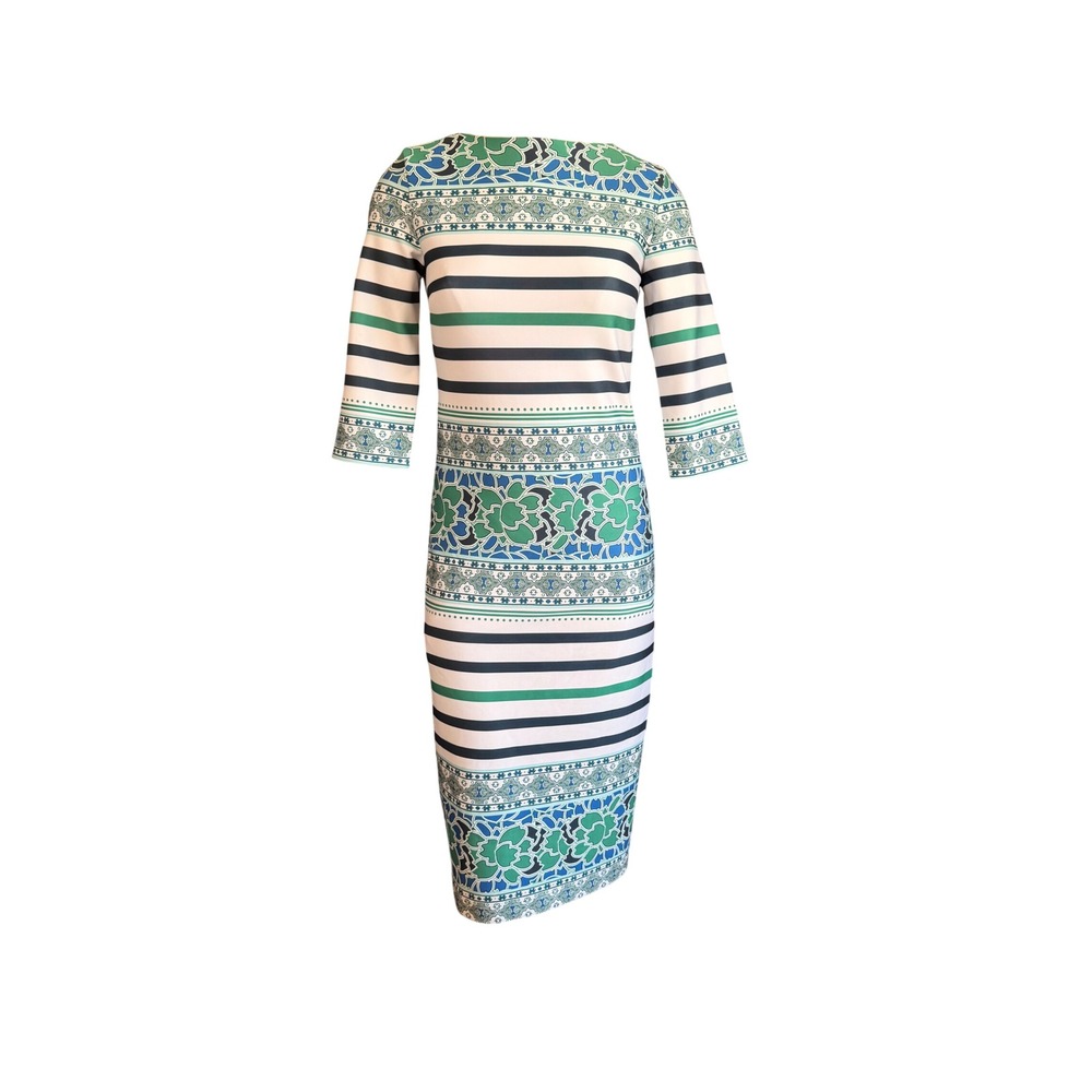Eva Mendes NY&C Sheath Dress S Green Blue Floral Stripe 3/4 Sleeve Boat‎ Neck